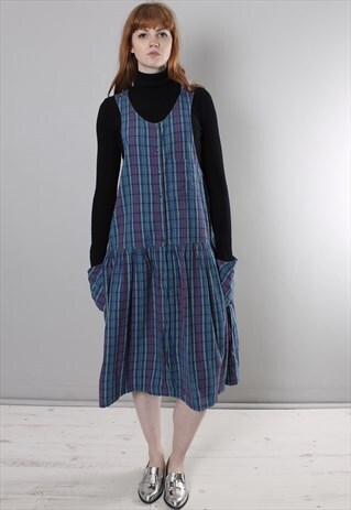 VINTAGE 90S BLUE CHECK BAGGY PINAFORE DRESS