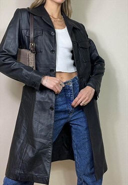 Vintage Y2K 00's Leather Coat Long Black Oversize Grunge