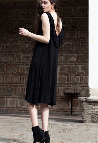 BLACK RUFFLE BAREBACK MIDI SLEEVELESS DRESS