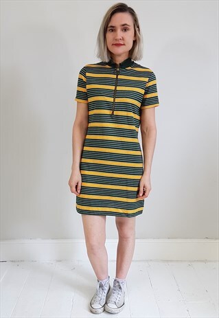 VINTAGE 70'S YELLOW AND GREEN STRIPED ZIP UP SPORT DRESS