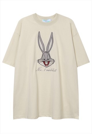 BUNNY CARTOON T-SHIRT RABBIT TEE GRUNGE PATCH TOP IN CREAM