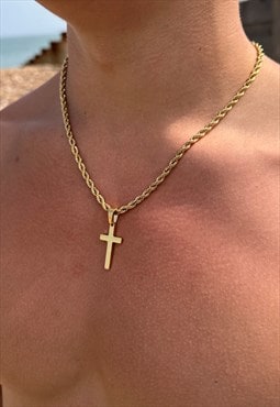 Gold Rope Chain Cross Necklace 