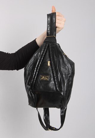 VINTAGE 90S BLACK PATCHWORK LEATHER BACKPACK RUCKSACK