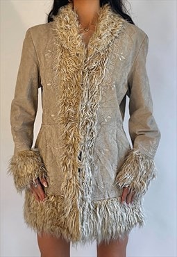 00s Afghan Beige Leather Suede & Fur Embroidered Coat