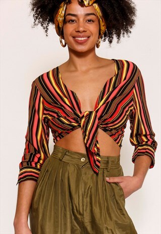 VINTAGE 90'S PINK STRIPE REWORKED TIE FRONT BLOUSE