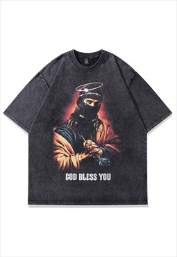 Thug Jesus t-shirt balaclava print tee retro God cartoon top