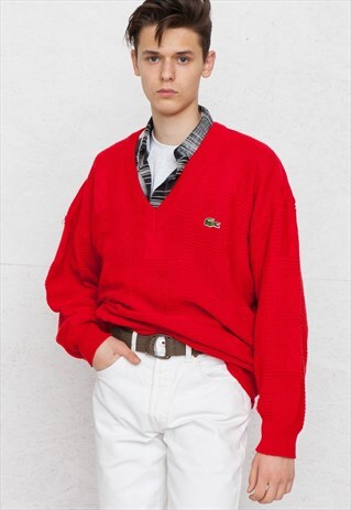 VINTAGE RED LACOSTE V-NECK KNIT JUMPER SWEATER