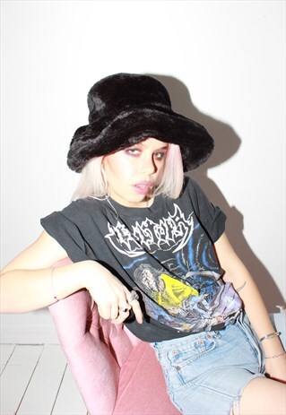 VINTAGE 90S BLACK OVERSIZED FAUX FUR BUCKET HAT