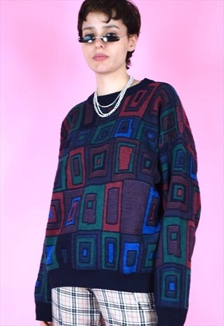 VINTAGE 90S KNIT JUMPER SQUARE PATTERN IN BLUE RED GREEN