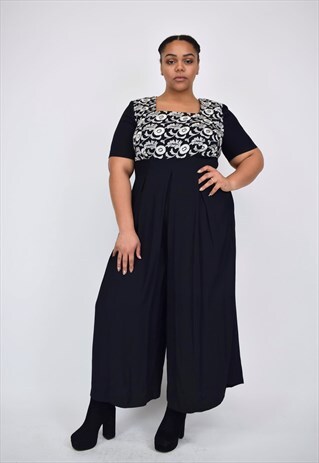 VINTAGE 90S BLACK FLARE JUMPSUIT WITH FLORAL EMBROIDERED TOP