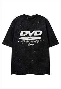 DVD print t-shirt Y2K tee retro DJ top in bleached black