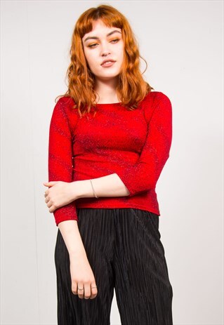 VINTAGE 90'S Y2K RED GLITTERY GEM PATTERN TOP