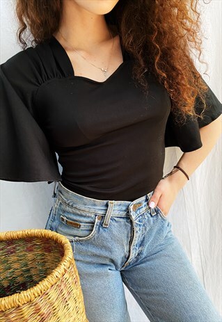 VINTAGE 90S SEXY RUFFLE DRAPED SLEEVE BLOUSE TOP BLACK