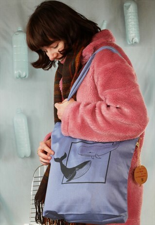 RECYCLED TOTE BAG IN BLUE WITH WHALE PRINT