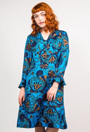 VINTAGE 70'S BLUE RETRO PATTERN FRILL MIDI DRESS