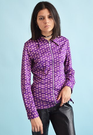VINTAGE 70'S RETRO MOD PRINT STRETCH BLOUSE TOP