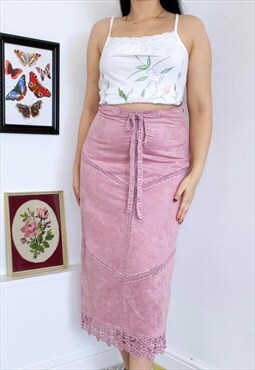 Vintage 90s Pink Suede & Crochet Skirt