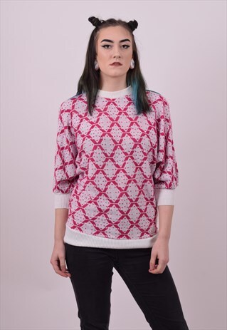 VINTAGE 80'S PINK CRAZY PRINT BACK WING JUMPER SIZE SMALL