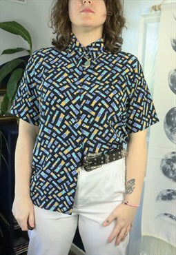 Vintage 80s Geometric Check Checked Checks Blouse Shirt Top