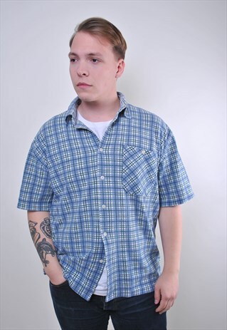 90S BLUE VINTAGE MAN PLAID OUTDOOR TRAVEL SHIRT