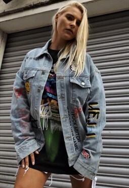 Punk graffiti denim jacket anarchy emoji jean bomber in blue