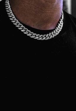 12mm 20" Diamond Crystal Curb Necklace Chain - Silver