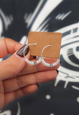 WHITE BEAD & STAR HOOPS