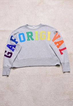 Women's Gap Grey Spell Out Rainbow Embroidered Crop Sweater