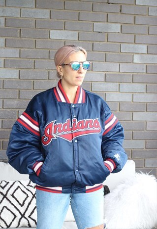 VINTAGE 1990S CLEVELAND INDIANS PADDED SATIN BOMBER JACKET