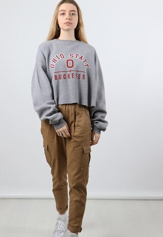 VINTAGE RUSSELL XL GREY CROPPED PRINT SWEATSHIRT