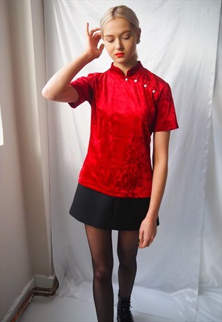 VINTAGE RED ORIENTAL STYLE VELVET HIGH NECK