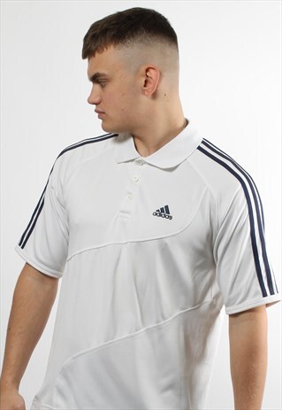 VINTAGE ADIDAS WHITE POLO SHIRT TOP WITH 3 STRIPE SLEEVES