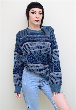 VINTAGE 90'S INDIE ABSTRACT PATTERNED CHUNKY KNIT JUMPER