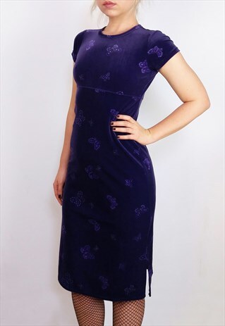 VINTAGE 90'S STRETCH VELVET VELOUR MIDI DRESS IN PURPLE