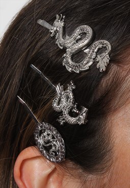 Silver Dragon Japanese Style Hair Slide Set