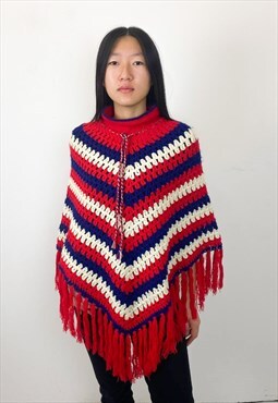 Vintage 90s poncho handmade red in wool 