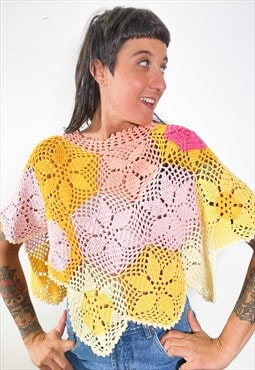 Vintage crochet cotton pastel poncho