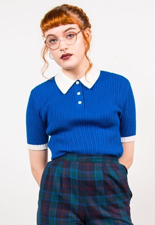 VINTAGE 70'S BLUE RIBBED KNIT CUTE COLLARED POLO TOP T-SHIRT