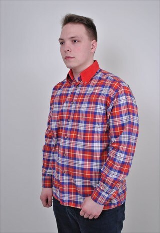 VINTAGE MENS PLAID SHIRT, RETRO CORDUROY COLLAR CHECK SHIRT
