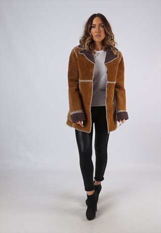 VINTAGE FAUX SHEEPSKIN SUEDE COAT UK 10 SMALL (AEC)