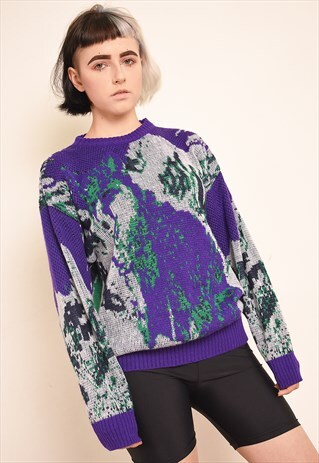 VINTAGE 80'S RETRO ABSTRACT PATTERN KNIT JUMPER