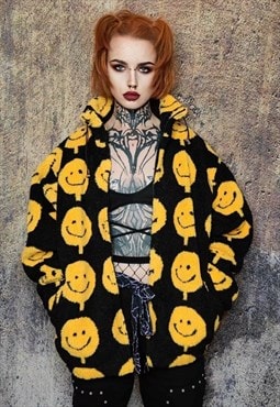 Emoji fleece jacket faux fur smile print bomber in black 