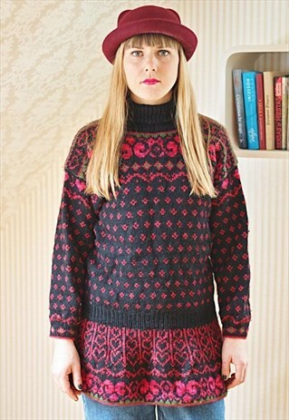 RED AND BLACK PEPLUM VINTAGE WOOL JUMPER