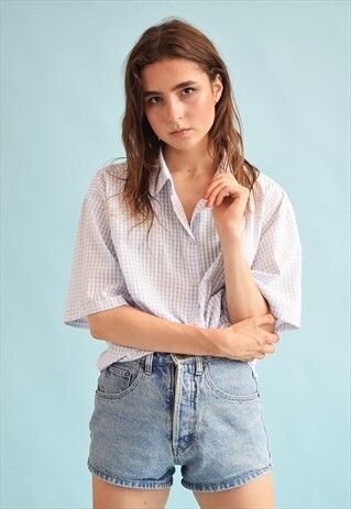90'S RETRO CHECKED PRINT OVERSIZED BLOUSE TOP