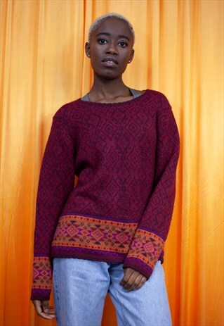 VINTAGE 90S JUMPER BURGUNDY RED ORANGE PURPLE GEOMETRIC