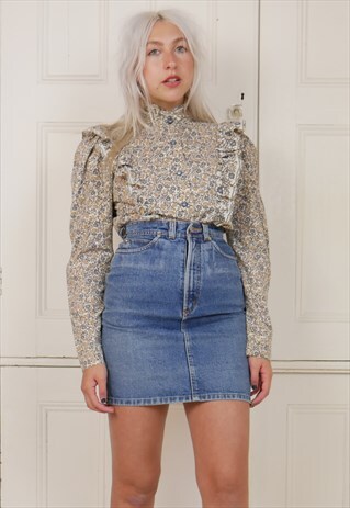 VINTAGE 80S FRILLS HIGH COLLAR BLOUSE