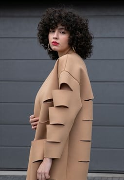 Beige Oversized Neoprene Futuristic Cut Out Coat