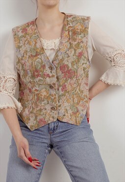 Vintage 80s Artsy Cottage Floral Pattern Linen Women Vest L