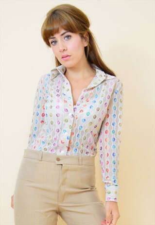 90'S VINTAGE SHEER FLORAL LACE SHIRT IN CREAM