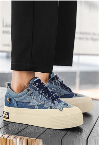 Chunky sole denim shoes platform jean sneakers in blue 